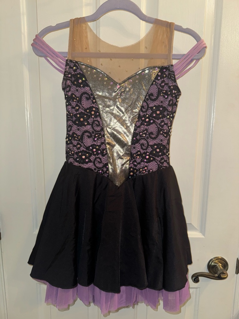 Figure Skating Dress Black Lace Purple Swarovski Crystals Girls 12/14